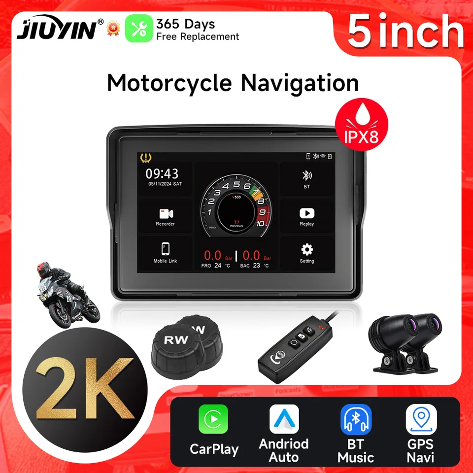 5 -palcový motocykel DVR GPS navigátor 2K Dash Cam Wireless CarPlay Android Auto IPX8 nepremokavý predný zadný fotoaparát Bluetooth
