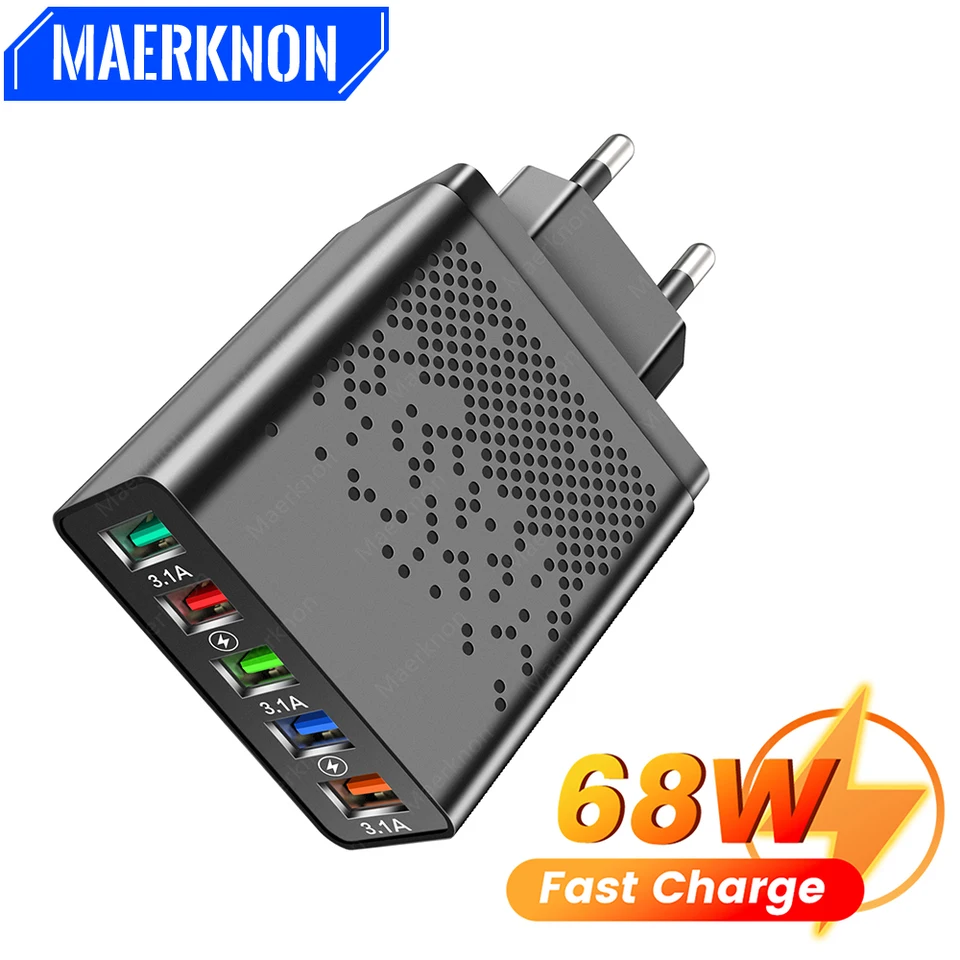 5 portov 68W USB nabíjačka rýchleho nabíjania EU/US Plug Wall nabíjačka pre iPhone Samsung Xiaomi Huawei Rýchle nabíjacie adaptér na nabíjanie telefónu