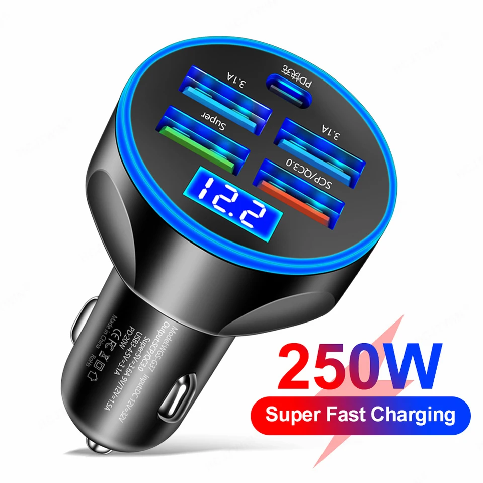 5 portov USB Carger Typ C Rýchle nabíjanie 250 W PD QC3.0 Automatický mobilný telefón Adaptér nabíjačku automobilu pre iPhone Samsung