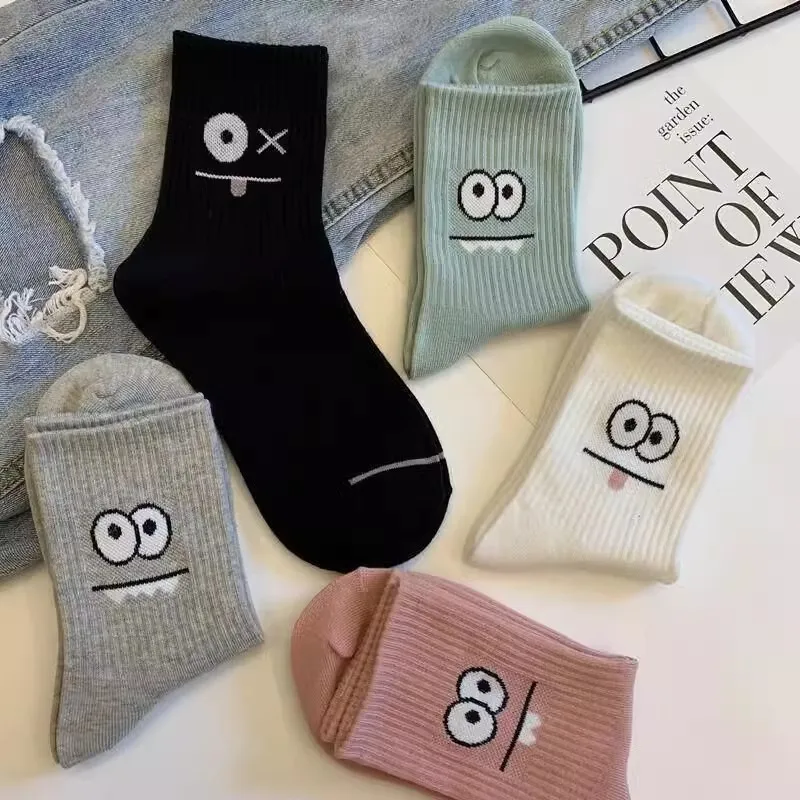 5 párov dámsky roztomilý výraz Vytlačené členkové ponožky pohodlie Zaujímavá jarná jesenná stredná trubica ponožky Kawaii Dievčatá krátke ponožky