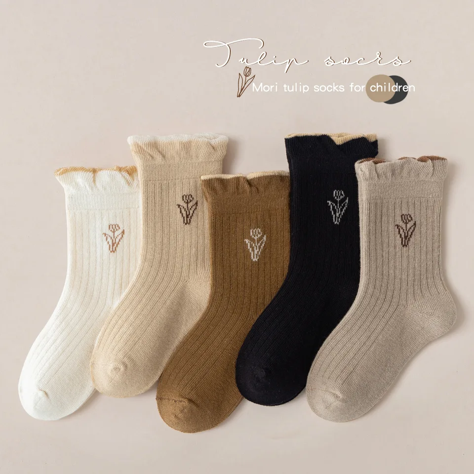 5 párov jesenné ponožky Dievčatá kvetinové tulipány ponožky trieda Cotton Solid Socks Detské ponožky detské detské ponožky