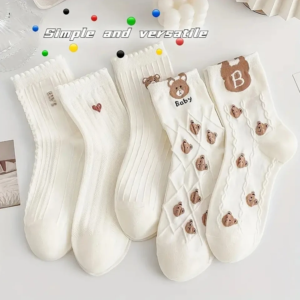 5 párov/veľa dámskeho okrúhleho krku ponožky roztomilý karikatúra Cast Fashion Autumn Kawaii High-Kirst Mid Dĺžka ponožiek dievčat Darček