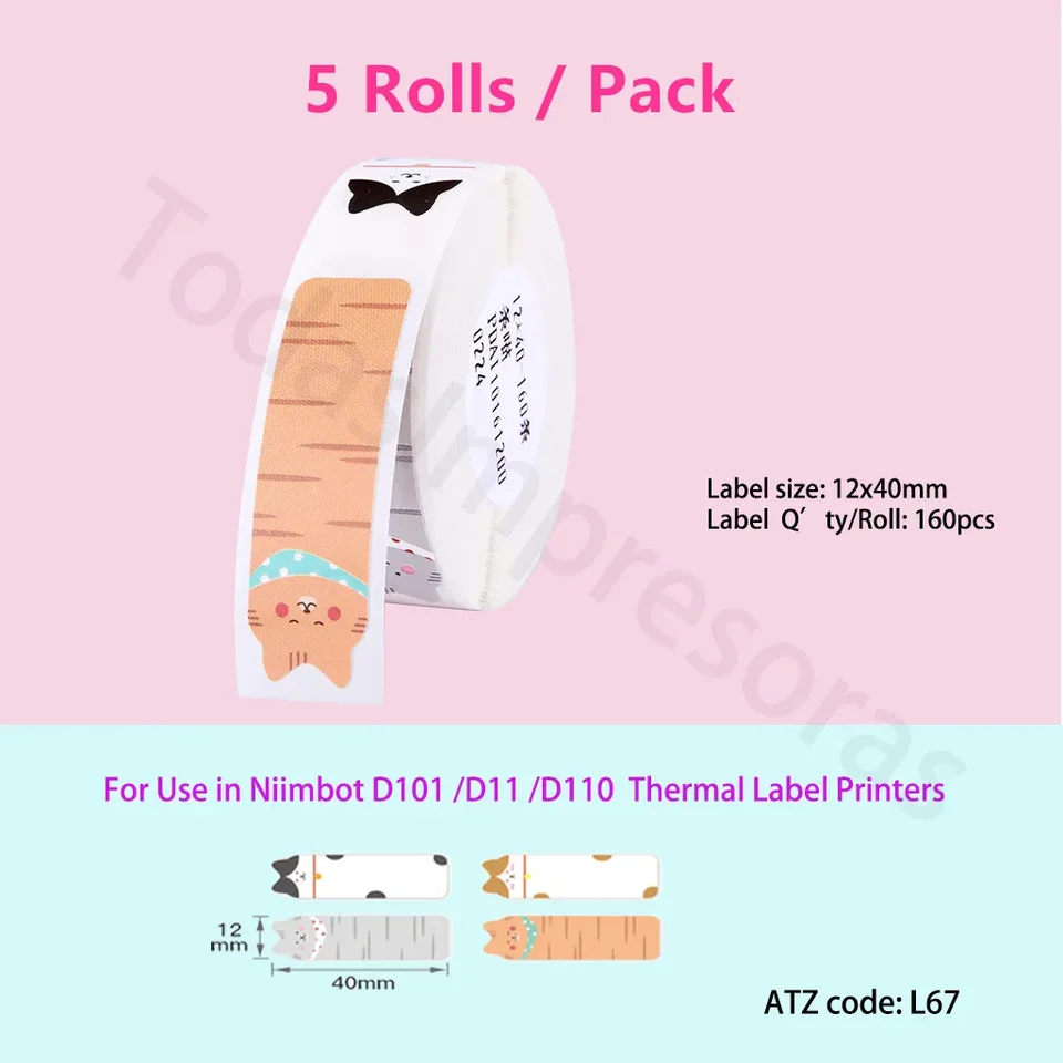 5 Rolls Original Cat Styles Termal Label Paper Waterproof Sticker Paper pre Niimbot H1S D11 D110 D101 Tlačiarne Etiqueta Papeles