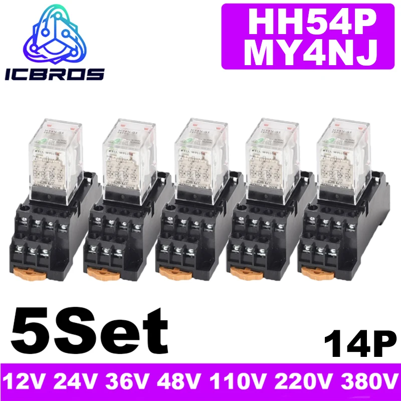 5 SET MY4NJ MY4N-J Malé elektromagnetické výkonové relé AC/DC 12V 24V 36V 48V 110V 220V 380V 4NO 4NC DIN Rail 14pin základné mini relé