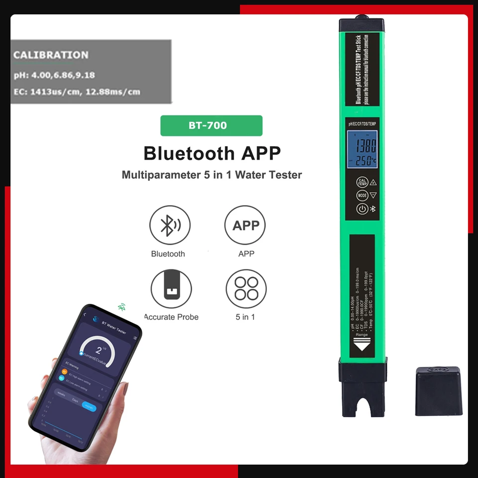 5-v-1 Digitálny tester kvality vody v oblasti kvality vody Smart BT PH/EC/TDS/CF/TEMP TESTER PRE DISPICKÁ HYDROPONICKÁ VÝHODA