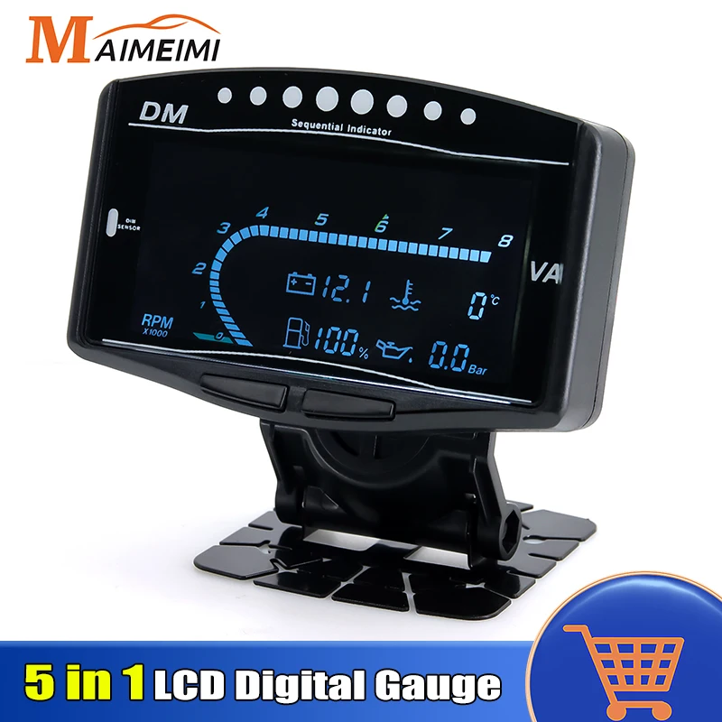 5 v 1 LCD digitálny rozchod olejový tlakomer Tachometer Voltmeter Voda Teplota +snímač paliva pre 12 V 24 V automobilový nákladný automobil