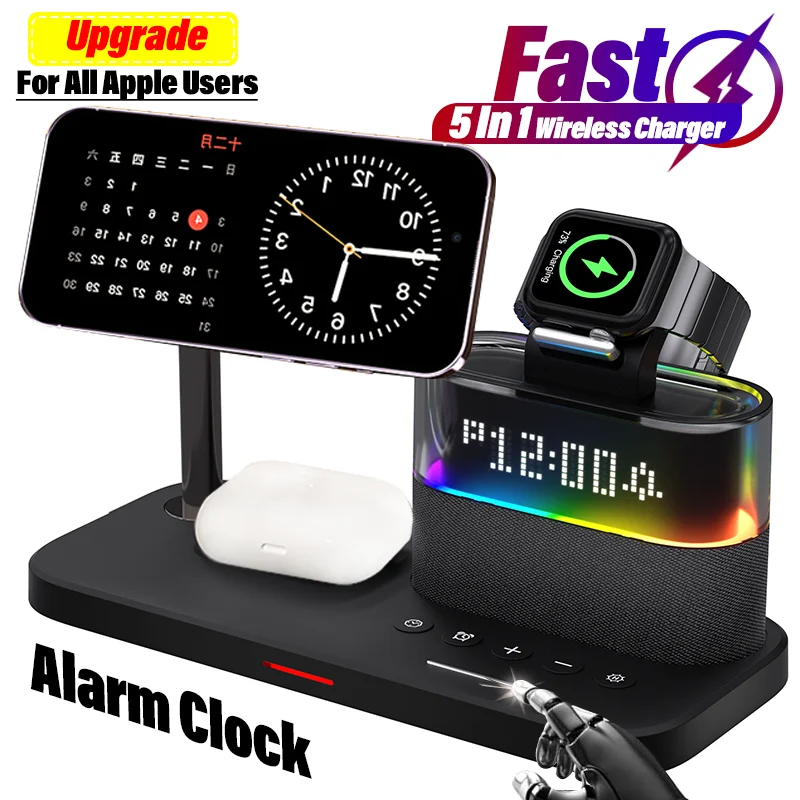 5 v 1 Magnetic Wireless Stand Stand Pad pre iPhone 15 14 13 12 11 Apple Watch 8 7 6 Rýchle nabíjanie Dock Station pre AirPods