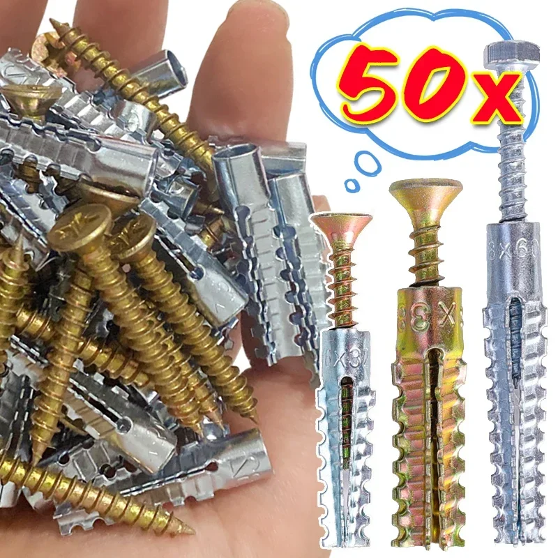 50-10sets kovové expanzné trubice Rúrky zúbkované tŕňové samoobslužné skrutky Vŕtanie zátky pre upevňovače betónovej steny.