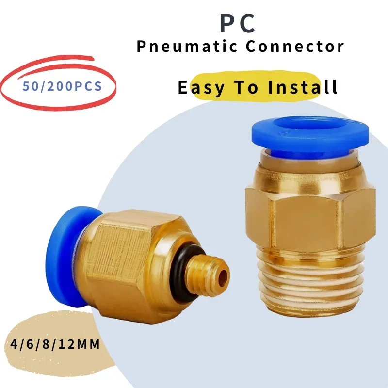 50/2 200ks pneumatické armatúry vzduchového konektora, PC 4 mm 6 mm 10 mm 12 mm, závit 1/8 