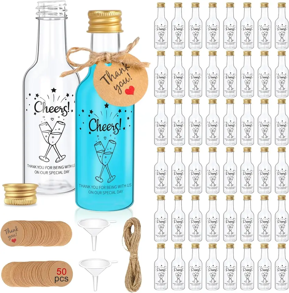 50 balení 1,7oz/50 ml mini fľaše s víno so zlatými skrutkami Funnely pre víno šťavy alkohol Homemade Liquor Svadobná strana láskavosti