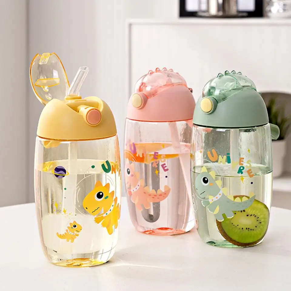 500 ml detská fľaša na vodu pre školu prenosná karikatúra Dinosaur Sippy Curet Createing Cupe Cup slamky a viečka Drin