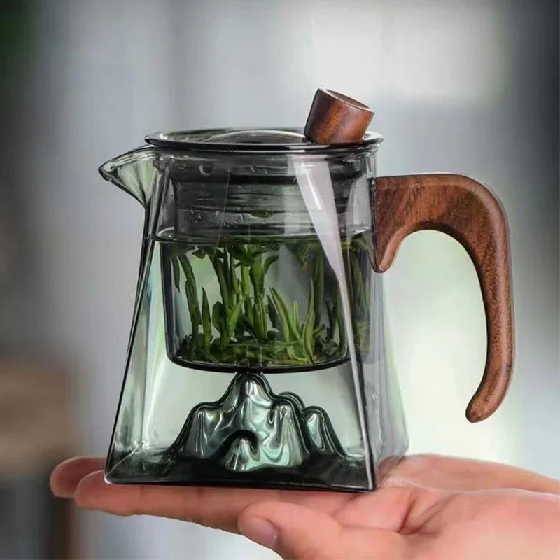 500 ml sklenená čajová kanvica s infuserom drevené rukoväte vyhrievané rezistentné kung -fu čajová kanvica s vekom transparentným skleneným čajovým čelným čajom