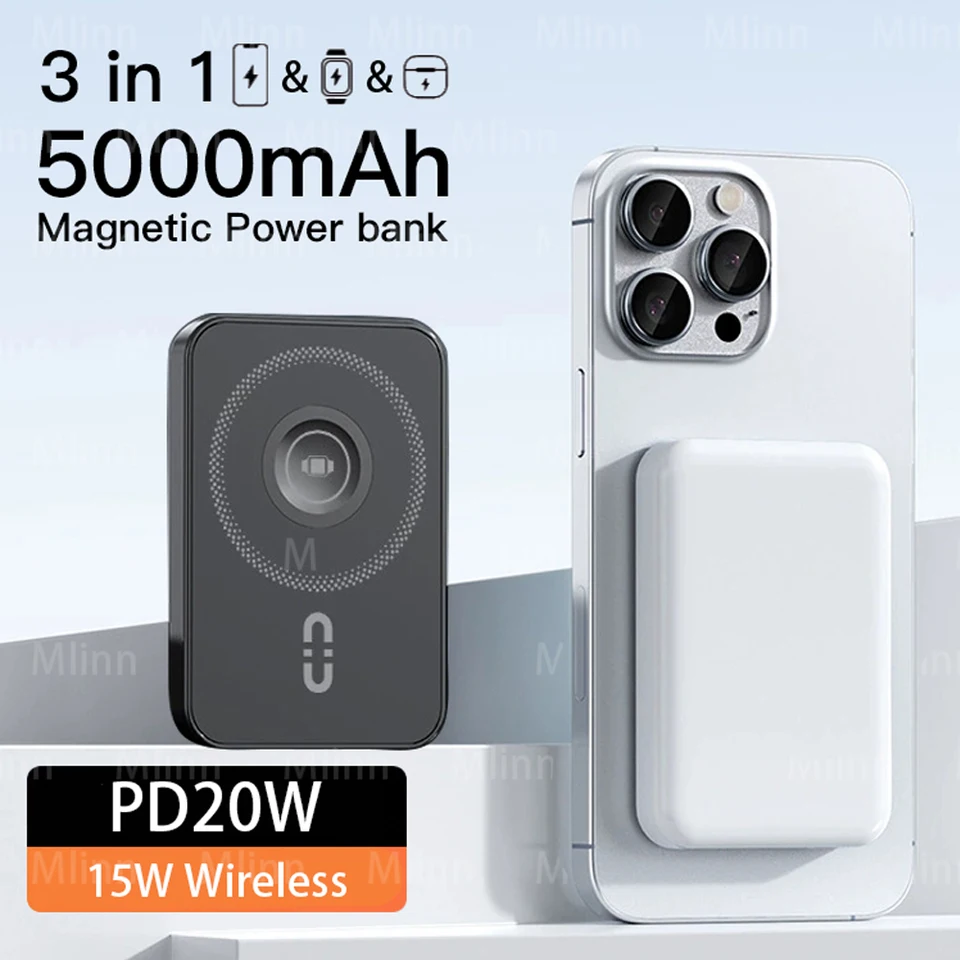5000 mAh magnetic Wireless Bank Bank PD20W Rýchle nabíjanie Prenosné prenosné Bojo Auxiliary Battery Slim pre iPhone 16 15 14 13 12 Pro Mini