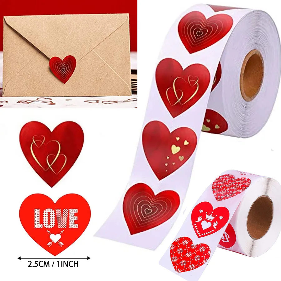500ks 1inch Valentín Red Love Tvaped Stickers Roller Deň matiek Sticker Darčeková dekorácia štítok pre malé firmy