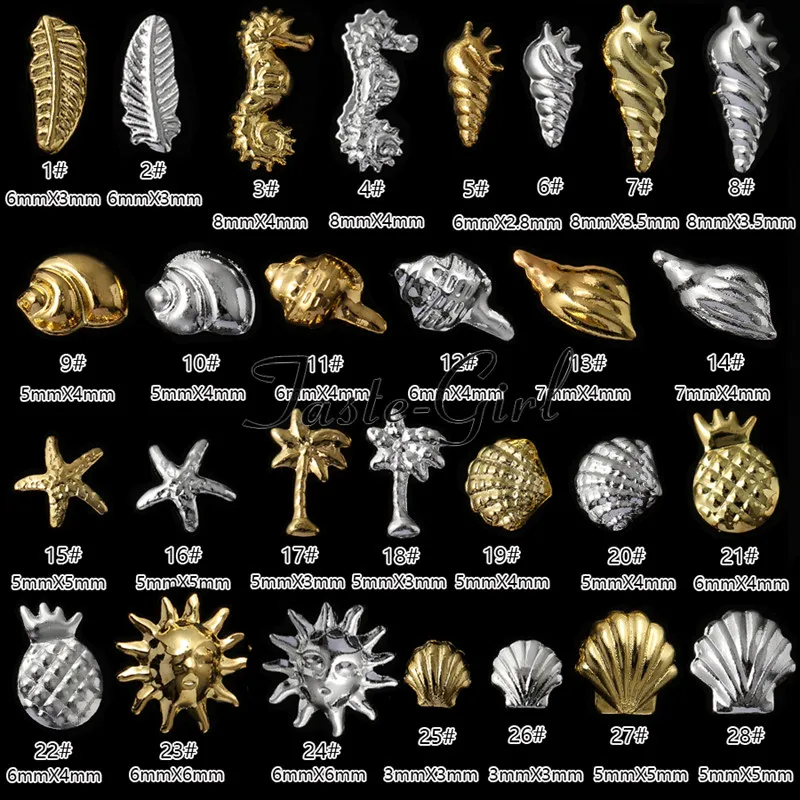 500ks Ocean Seashell Starfish Feather 3D kovové zlaté strieborné nechty dekorácie tipy DIY manikúrové kovové cvočky Nič