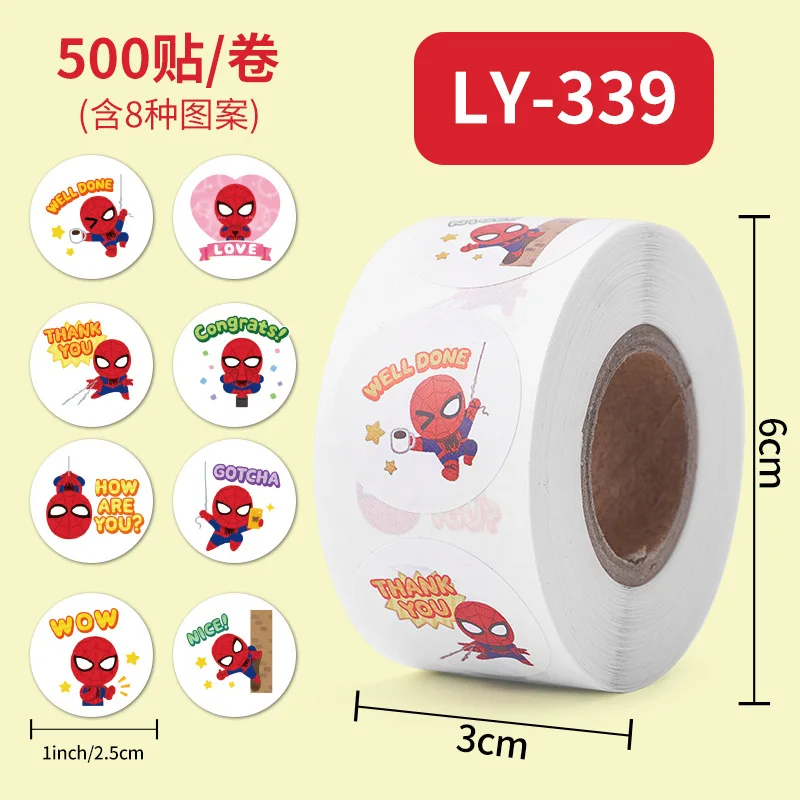 500ks/roll Spider-Man Round English Reward Cartoon Pečatie nálepky DIY PVC NAHOP DECOLS DECORÁCIA SKIPER PREVODNÉ Hračky