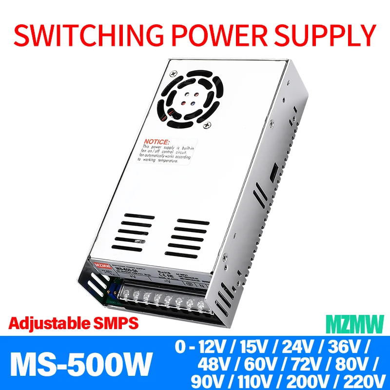 500W prepínací napájací zdroj 0-12V 15V 24V 36V 48V 60V 72V 80V 90V 110V 200V 220V Jeden výstup nastaviteľný SMPS MS-500-48