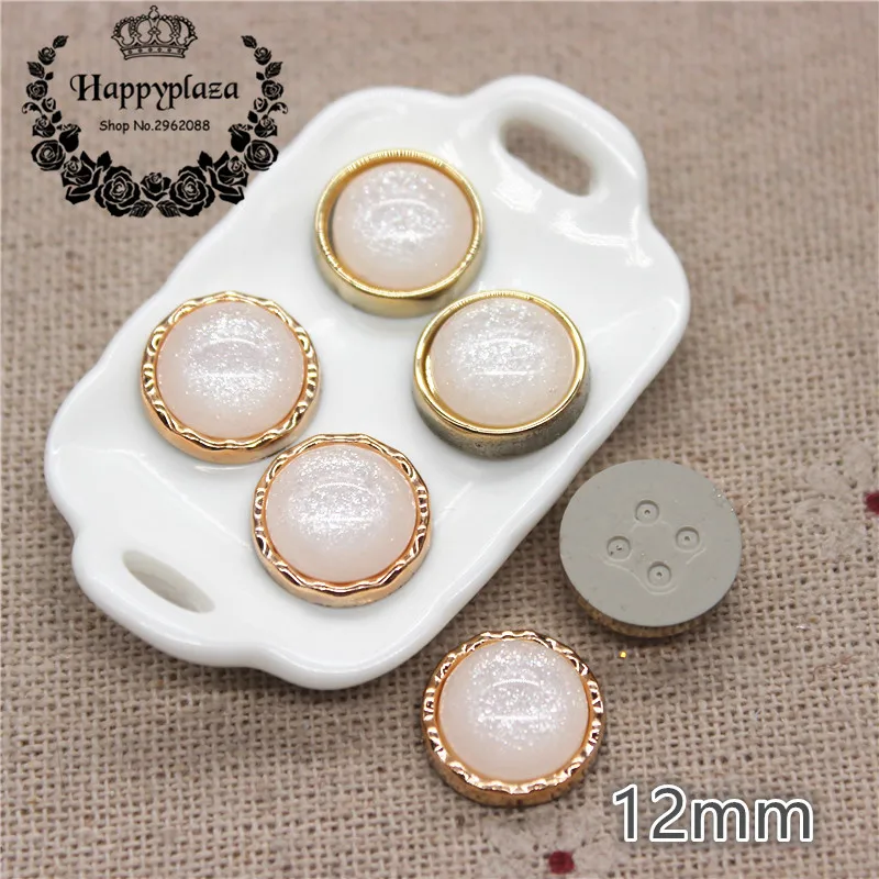 50ks 12 mm Zlatý kruh trblietky biele okrúhle plastové plastové gombíky Domáce záhradné remeslá Cabochon DIY Scrapbook Accessories