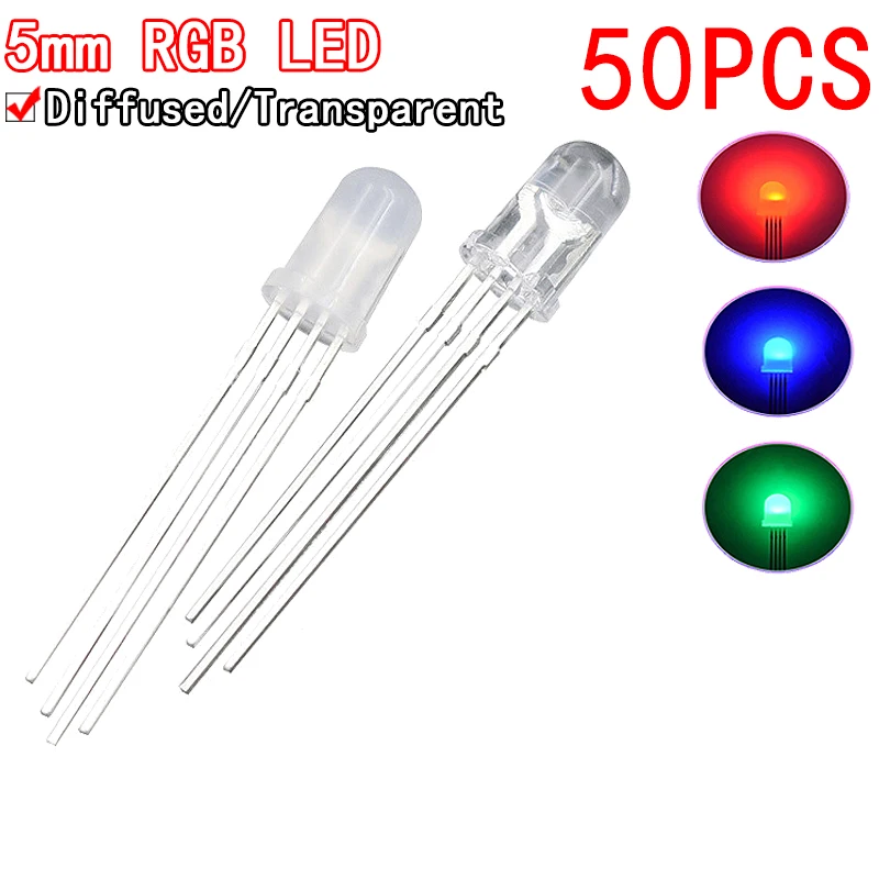 50ks 5 mm plne farebné LED RGB Červené/zelené/modrá bežná katóda/anóda štyri stopy priehľadné zvýraznenie farebného svetla 5 mm dióda farebné