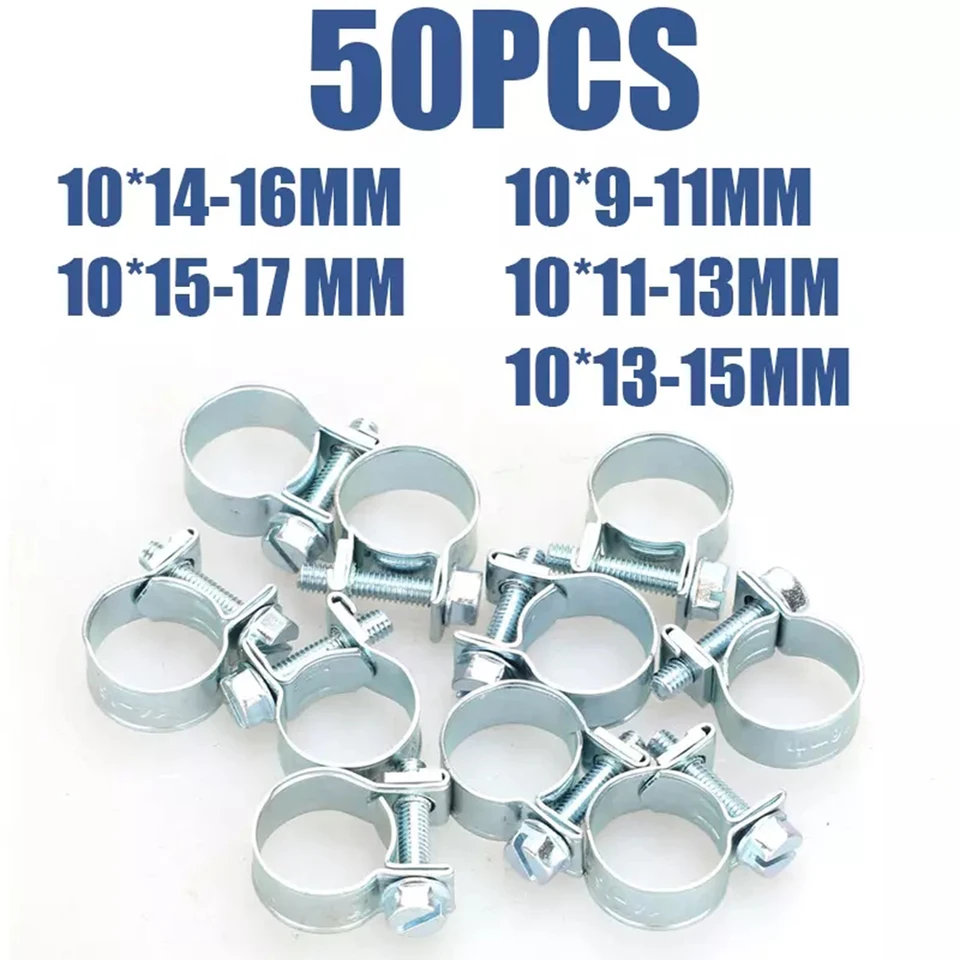 50ks 9-17 mm mini svorka Injekcia paliva Hadium Hadici Hadici Clamps Sorperment Sortment Kit Automatické palivové svorky nafty benzínové potrubie