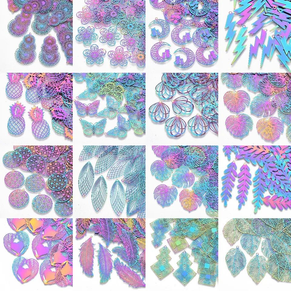 50ks AB Colors z nehrdzavejúcej ocele Dutiny Filigree Leaf Flower Raxing Charm Lists Pcendle Charms na náušnice