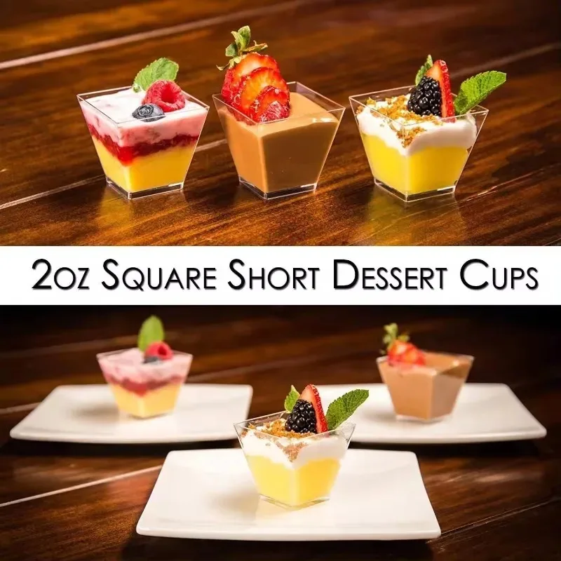 50ks dezertné šálky s vekom lyžičkou číry plastový plast 2oz/60 ml mini dezertný hrniec jednorazové šálky na dezert puding puding puding jogurt občerstvenie