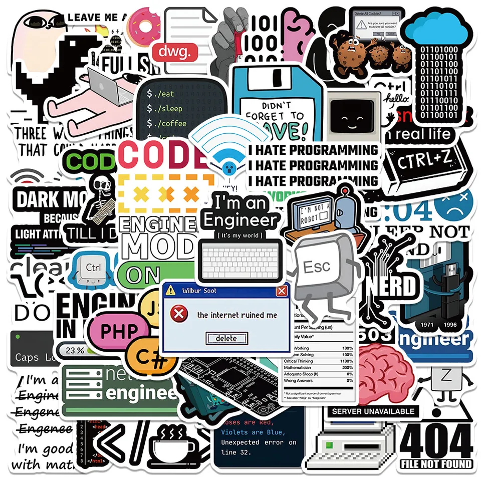 50ks Funny Cartoon Software Engineer Stickers IT Programovacie nálepky pre notebookové fľašu Telefón geek nepremokavé graffiti