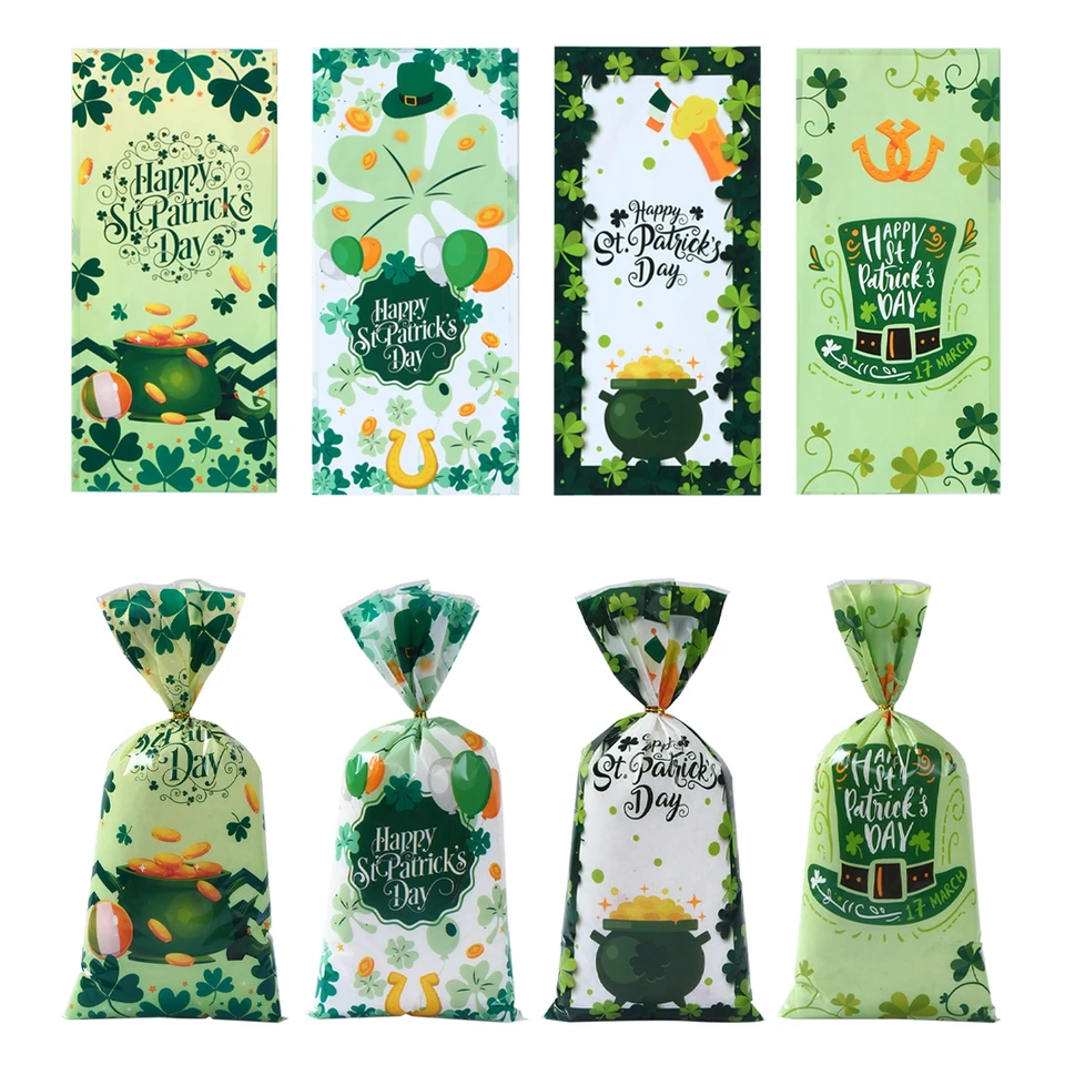 50ks Happy St. Patrick's Day Candy Bags Shamrock Irish Holiday Cookie Cookie pre darčekové balenie Happy St Patrick Party Decor Decor