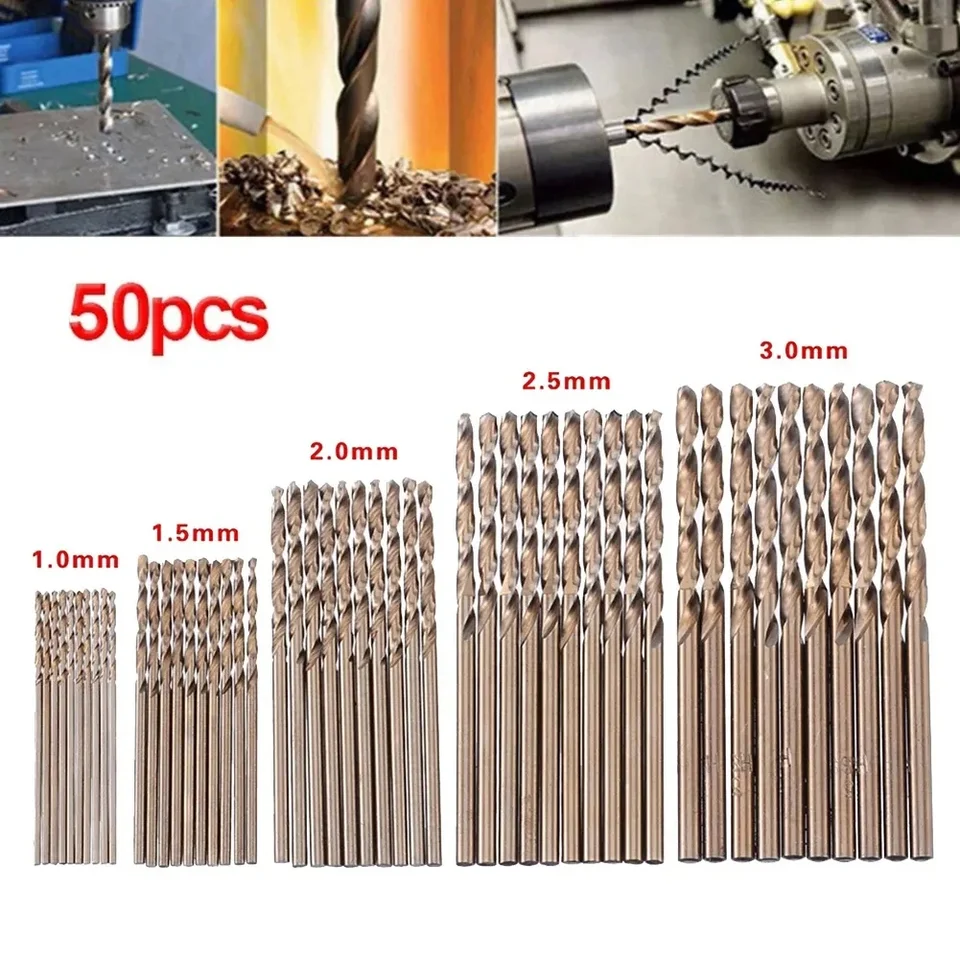 50ks HSS-CO 5% M35 Cobalt Bit Bit Set Titanium potiahnuté HSS vysokorýchlostné oceľové vrtáky sada Sada elektrických náradia 1/1,5/2/2,5/3 mm