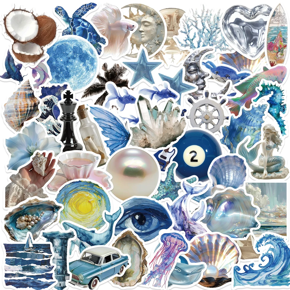 50ks Ins Ins Wind Blue a Strieborné nálepky na oceán estetické kreslené nálepky pre notebooky batožiny Skateboards Scrapbooks Gitary