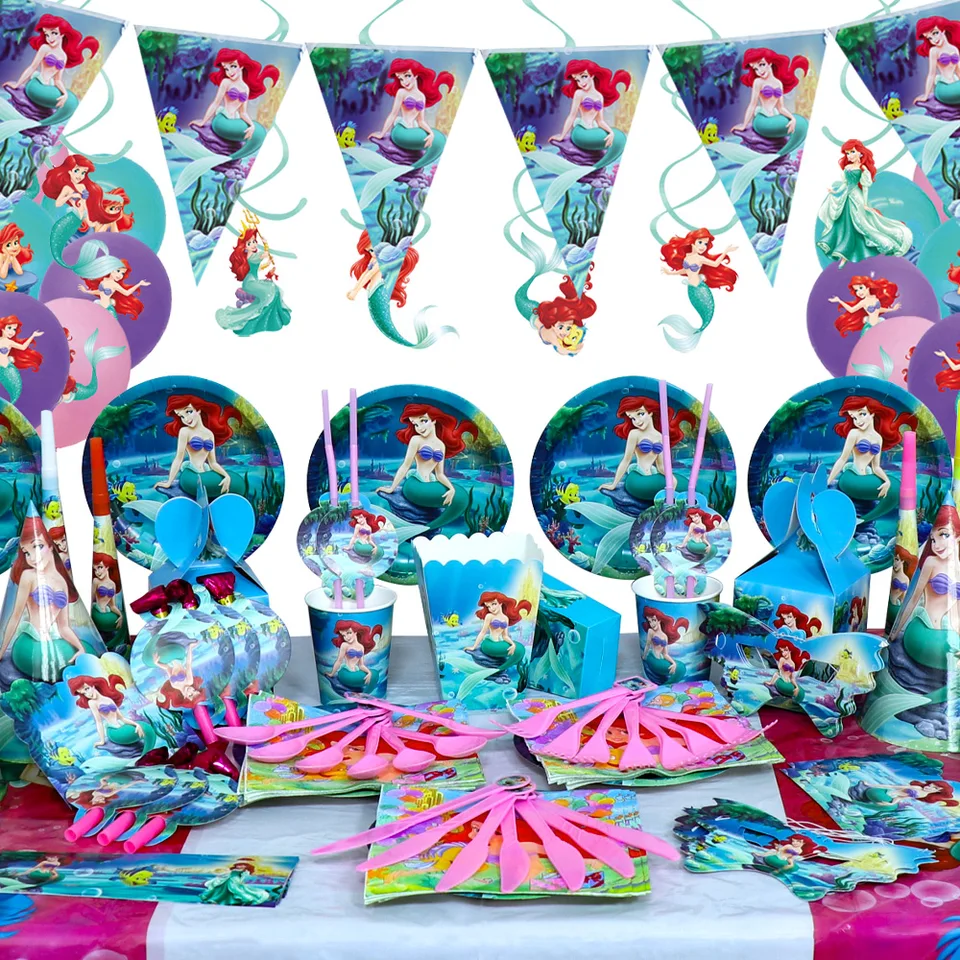 50ks Little Mermaid Ariel Ariel Téma jednorazový tanier s tanierom šálka baskin narodeniny pre bábätká Party dekorácie Dodávky Dievča