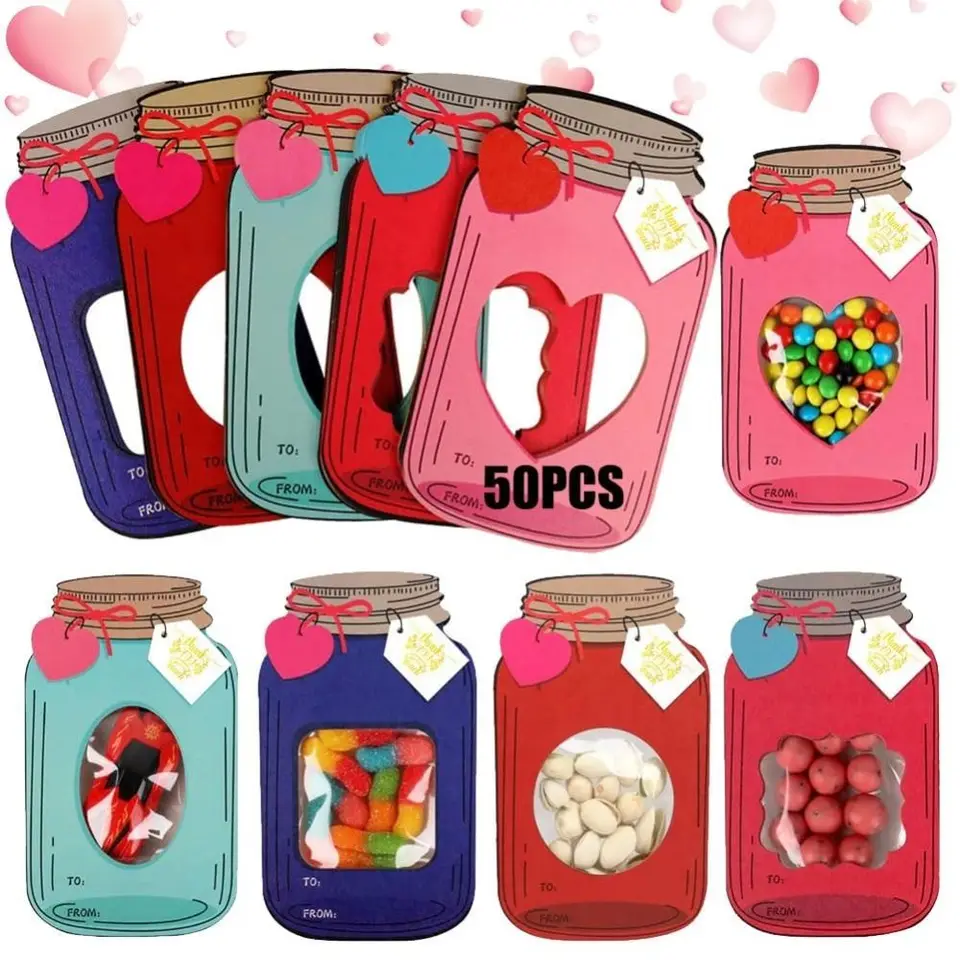 50ks Mason Jar Valentines Day Cards Macarons Retro Happy Valentines karty robustný kraftový papier s prázdnymi pohľadávkami na nové roky