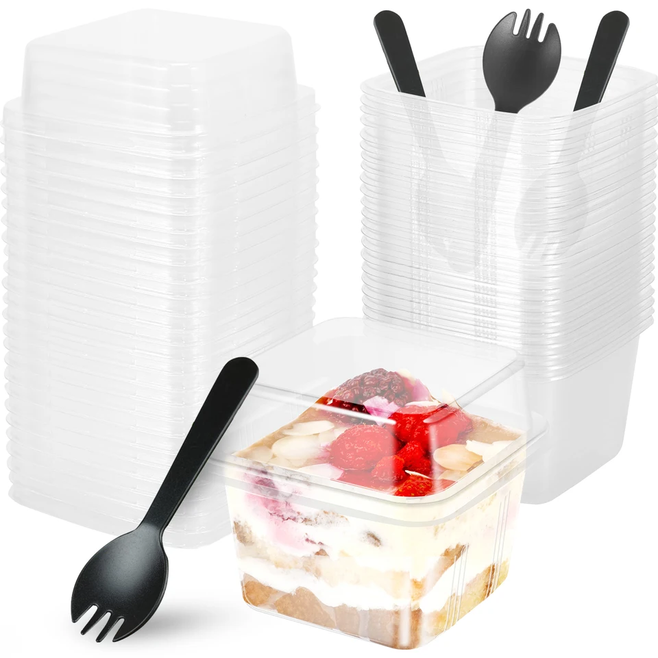 50ks na jednorazový dezertný pohár s vekom a vidličkou číry štvorcový cupcake Container Pudding Puding Pie koláč zapečatený úložný box