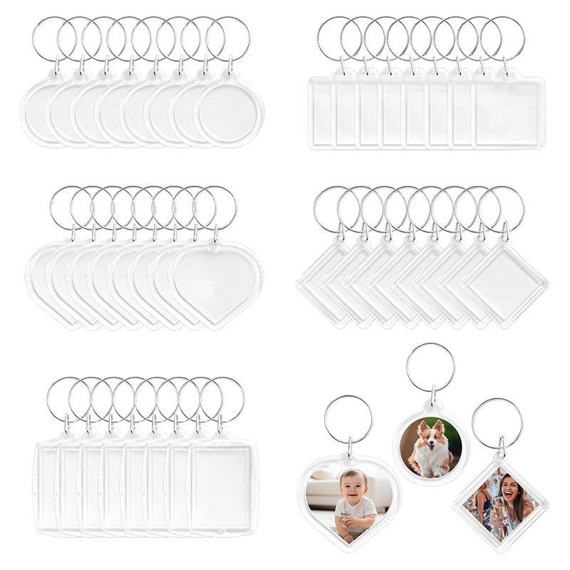 50ks Pendant Picture Frame Keyrings, Clear Acryl Photo Rám kľúčov, vytvorte si vlastnú prispôsobenú súpravu kľúčov