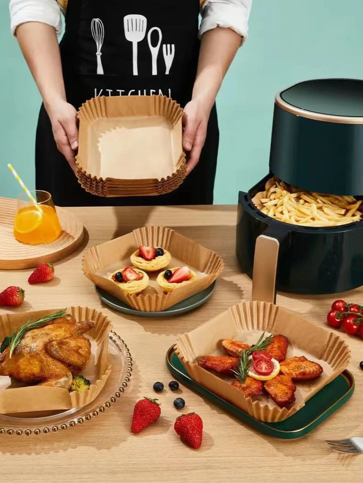 50ks pergamenový papier Air Fryer, nelepivý, olejový, odolný voči vode, vopred odrezané okrúhle fritézy, pergamenový papier s potravinami
