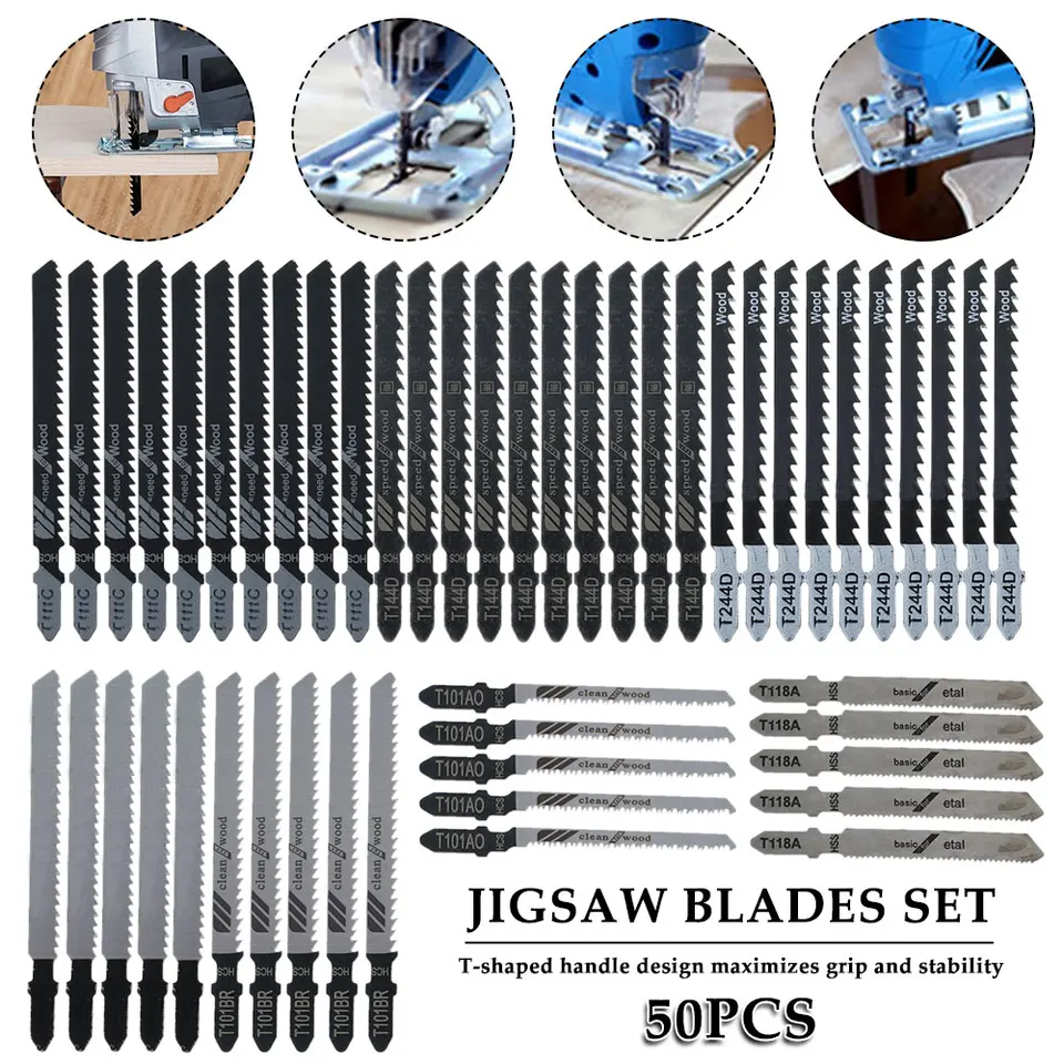 50ks prípravok na pílu Set HCS Strovie čepeľ TH-SHANK Rýchle odrezanie skladačky Jigsaw Jig Cutter pre tenké kovové drevo plastové rezanie