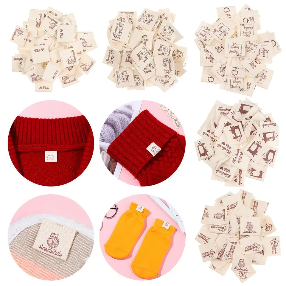 50ks ručne vyrábané s láskou látkový odev štítky Cartoon Cat Love Heart Woven Tittted Supplies šijacie príslušenstvo