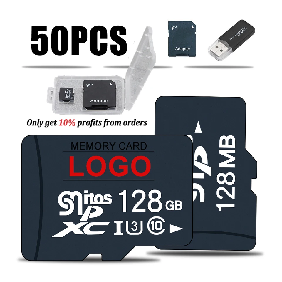 50ks TF Card Class10 Vlastné logo 128 GB 256GB Cartao DE 32GB 64GB 16G SD karta 8G 4 GB 2 GB Flash Pamäťová karta pre digitálne zariadenia