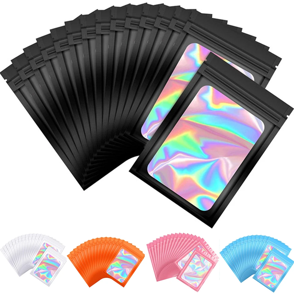 50ks Uznuteľné zahusťuje hologram zips zips Hermetic tašku pre šperky balenie farebná mini ziplo laserové tašky darčekové úložné taška