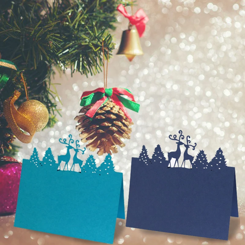 50ks vianočné jelene Tree Tabuľ Meno Place Cards laser strih čipky Názov Správa Nastavenie karty sedadlo Svadobná strana láskavosť