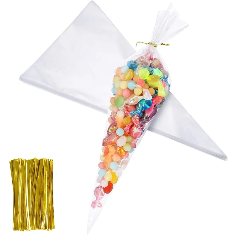 50ks čisté kužeľ Candy Bags Food Snack Balenie Plastová taška s kravata