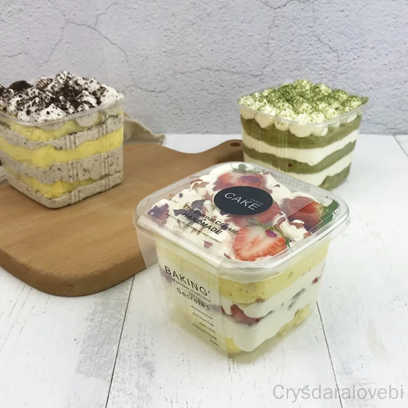 50sets Square Plastic Cupcake Box Mousse Balenie torty na jedno použitie Priehľadný dezert Pet Cup Cup calafs Boxes Dodávky 400 ml