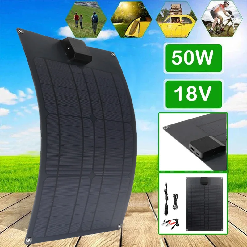 50W Solárny panel Prenosný 18V USB+Typ C Duálny port nabíjačku batérií solárne články na nabíjačku automobilu pre telefón pre rýchle nabíjanie