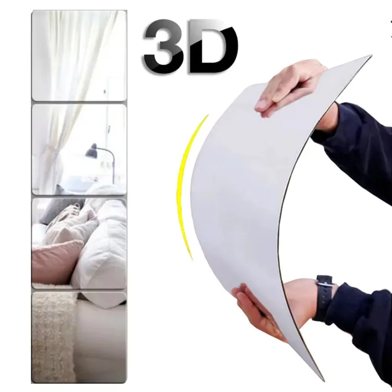 50x100 cm akrylové zrkadlové nálepky 3D flexibilné sklenené dlaždice Nálepky Self-útulné štvorcové zrkadlové nálepky na nástenné nálepky v šatníku Kúpeľňa Decor