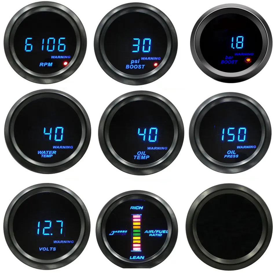 52 mm auto digitálny tachometer Turbo Boost Gauge Psi Bar voda Temp Temp Olej Olej TLUIGURT MURE Voltmeter RPM Meter Výstraha