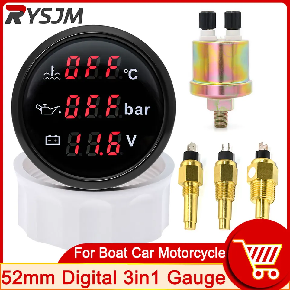 52 mm digitálne 3 v 1 viacfunkčná teplota vody tlakový merač oleja 10 bar s poplachom pre prispôsobenú loďou