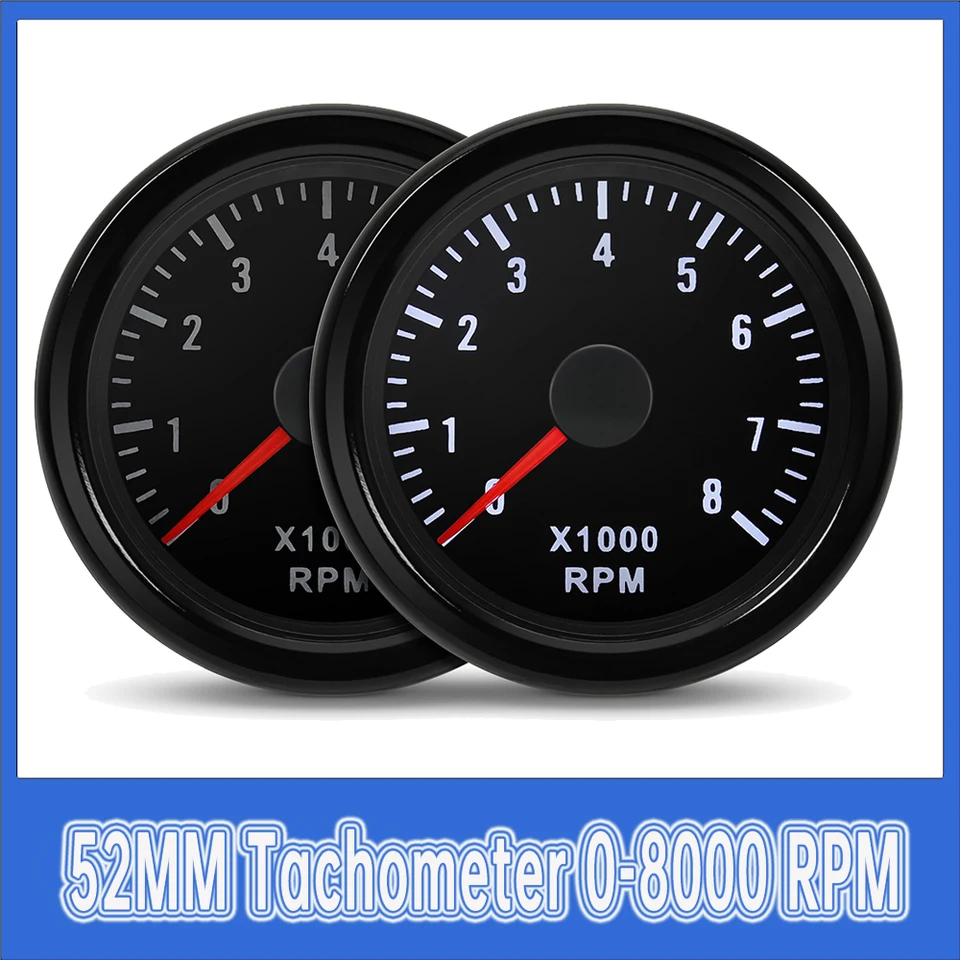 52 mm tachometer 0-8000 ot./min s bielym podsvietením LED 12 V auta pre 1-8 valcový benzínový motor