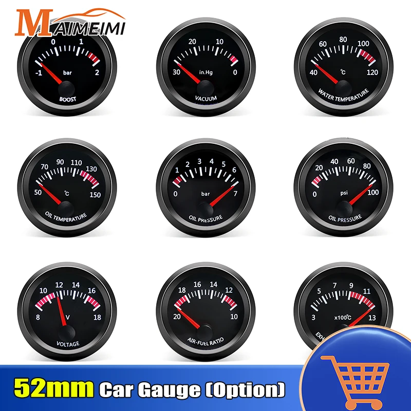 52 mm vozidlo Výfukový plyn teplota Vákuový tlak oleja Tlačný stĺp PSI Mierom Voltmeter teplota oleja teplota vody so snímačom pre 12 V automobil