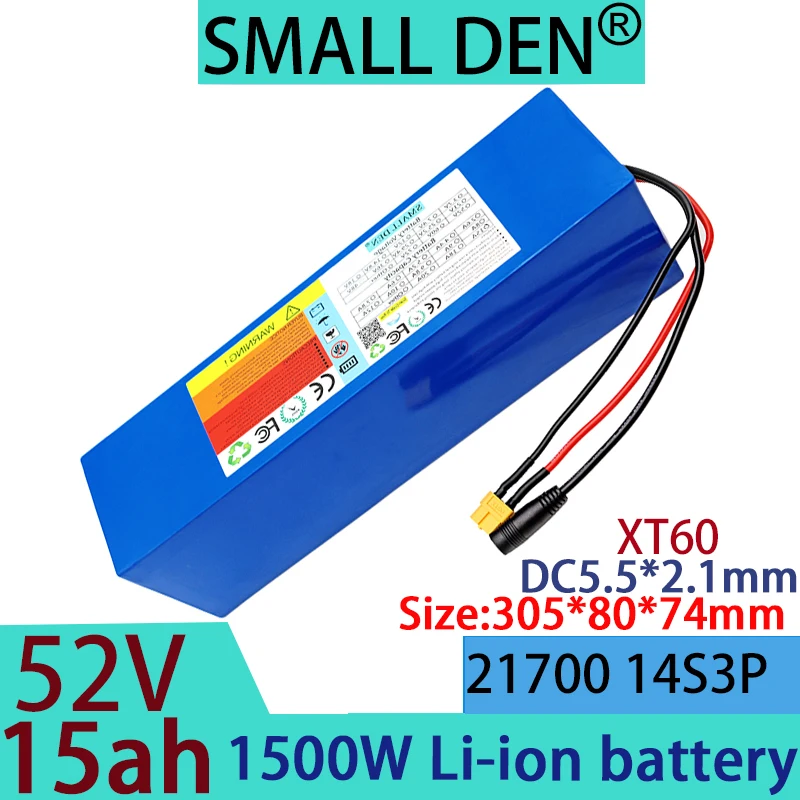 52V 15AH 21700 14S3P lítium -iónové batérie 1500 W elektrická záložná batéria s batériou nástroja Outdoor BMS+58,8 V 2A 3A nabíjačka