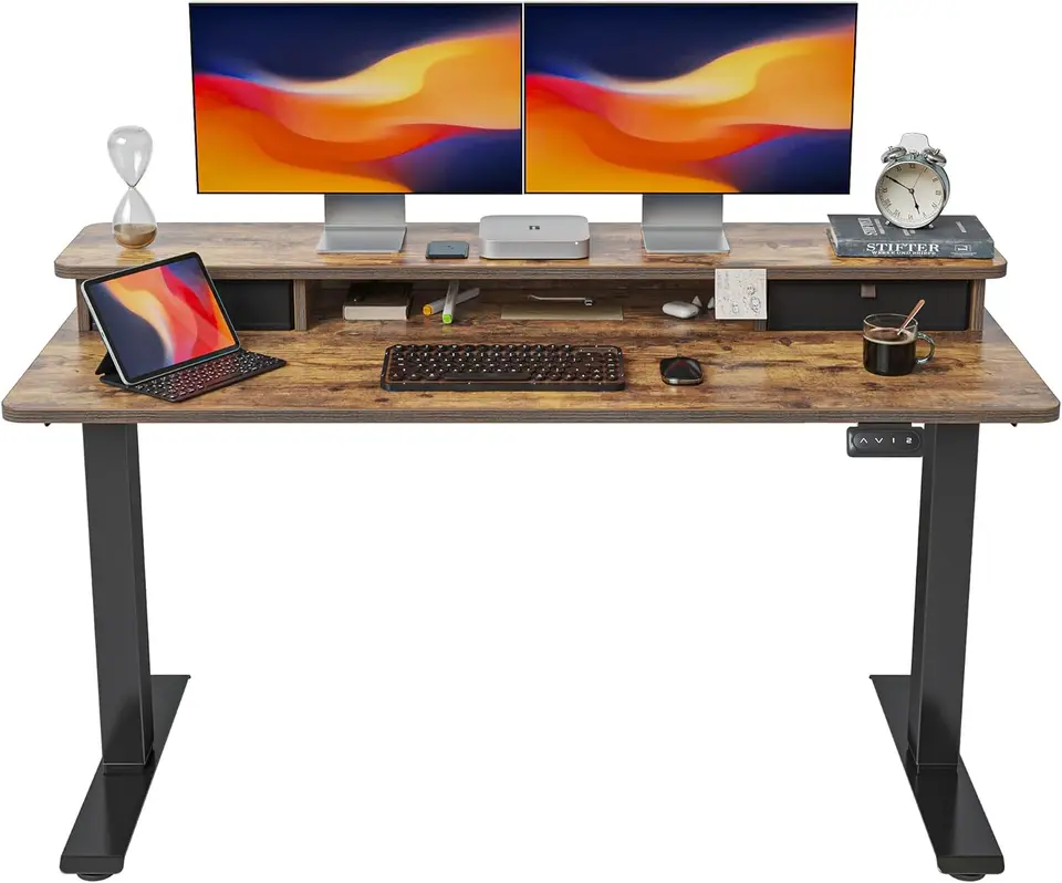 55 x 24 palcových výškových nastaviteľných elektrických stolov s dvojitou zásuvkou Stand Up Desk s skladovacími poličkovými stopami Rustikálne